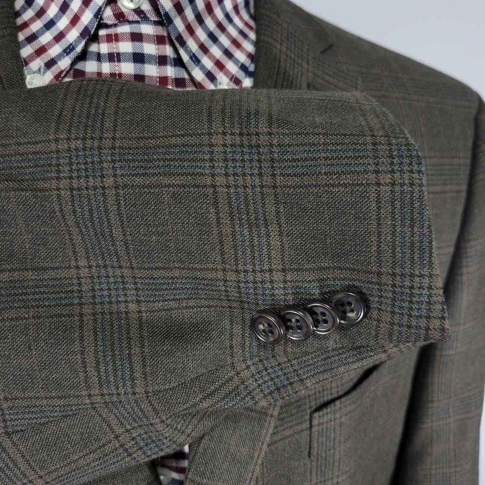 Michael Kors Men's Sport Coat Blazer Two Button Olive Brown Plaid Poly Rayon 48R